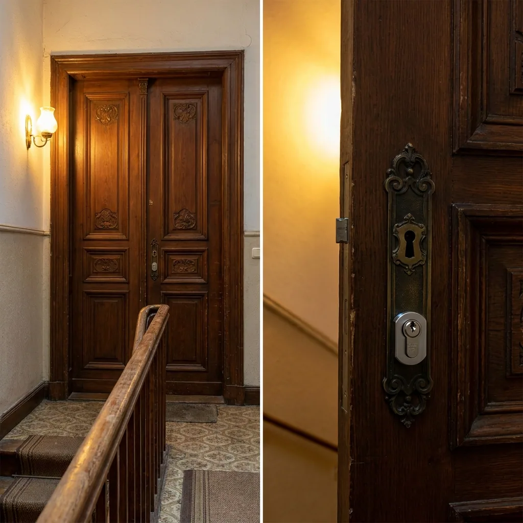 Alte Wohnungstür im Treppenhaus, daneben der Profilzylinder im verzierten Beschlag
