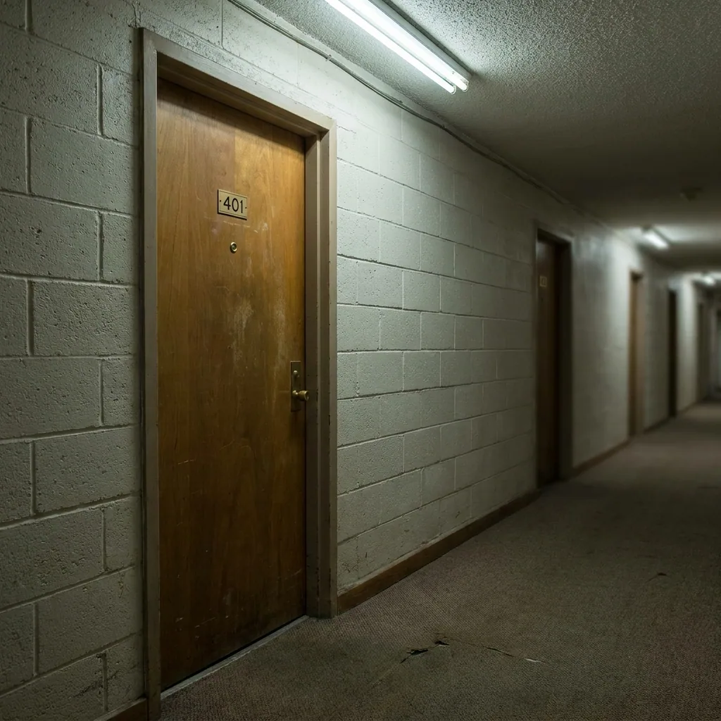 Wohnungstür in einem Plattenbau, glatte Oberfläche, kleiner Spion, Neonlicht im Korridor