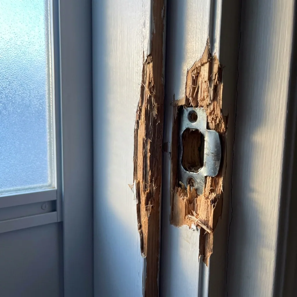 Aufgebrochener Türrahmen im Detail, herausstehende Holzfasern