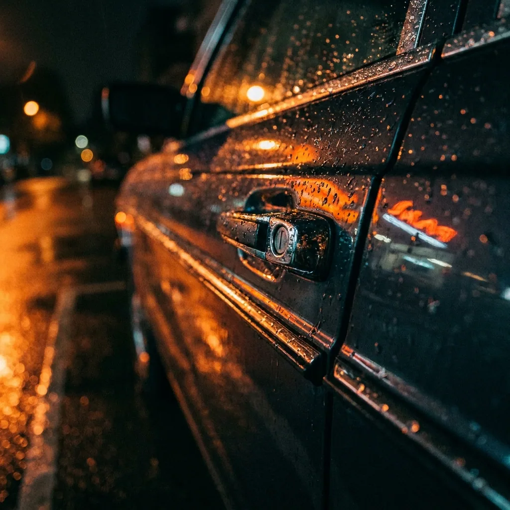 Autotür bei Nacht auf nasser Straße, Blick auf den Schließzylinder