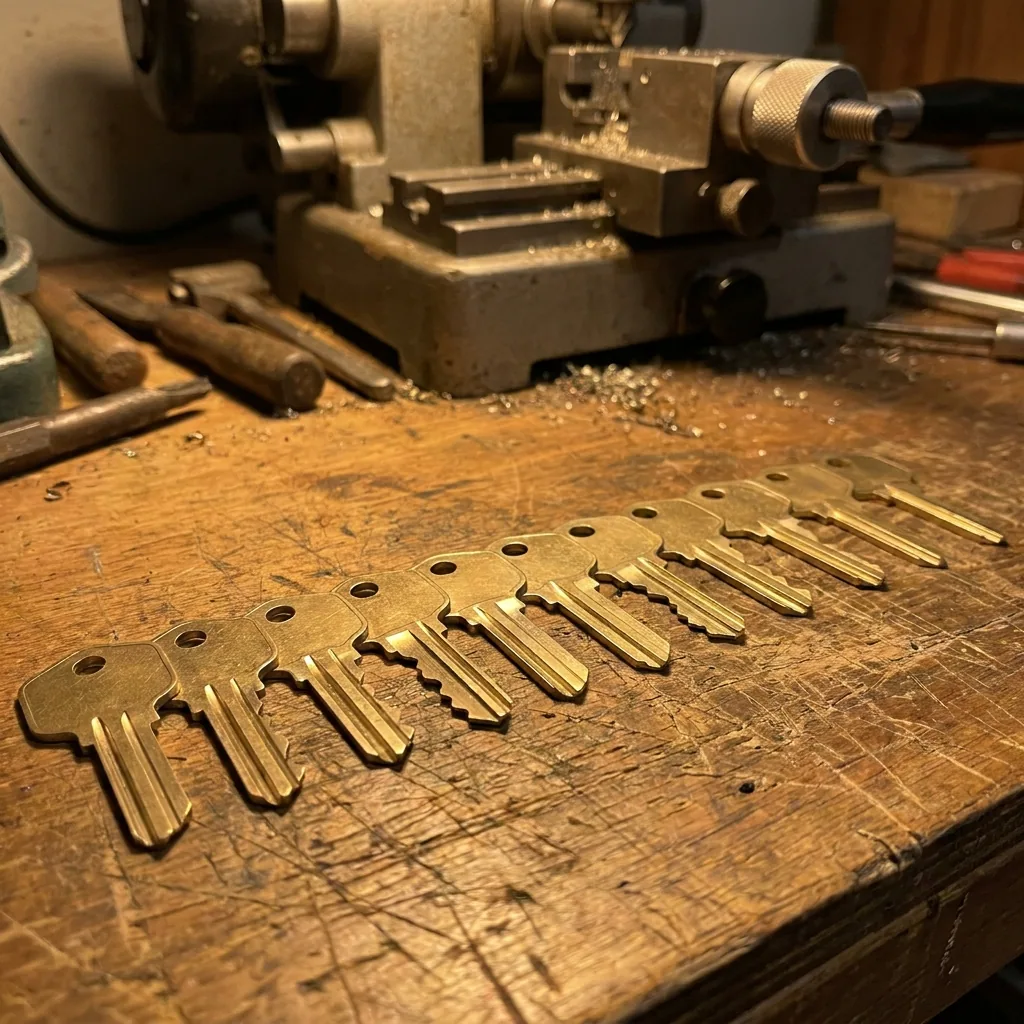 Schlüsselfräsmaschine mit Rohlingen auf einer Werkbank