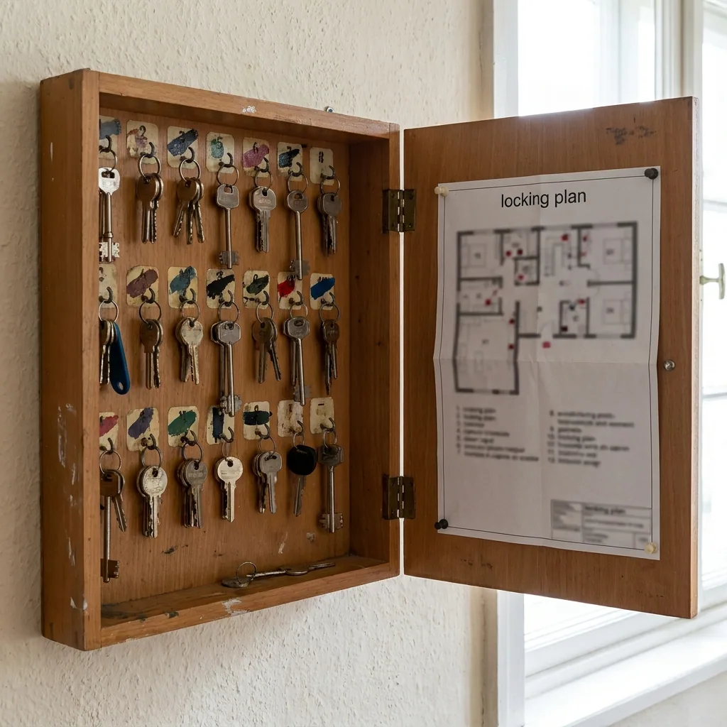 Offener Schlüsselschrank mit numerierten Haken und Schließplan