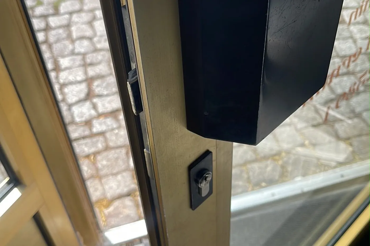 Objekttür mit Türschließer und Profilzylinder, Blick von innen nach draußen